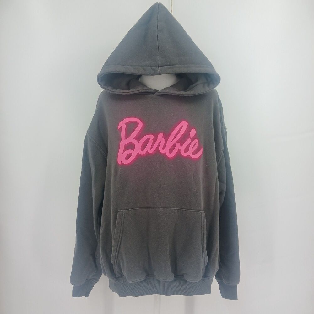 womens Cotton On Barbie Gray pink Fleece Pullover Hoodie Sweatshirt Size XXS